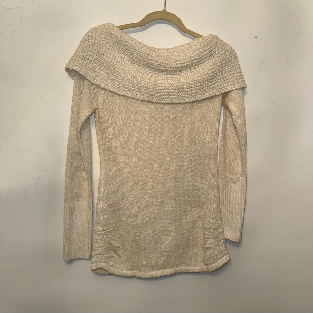 Bebe medium women’s sweater ~ off the shoulder(s) slouchy drape cowl neck cream